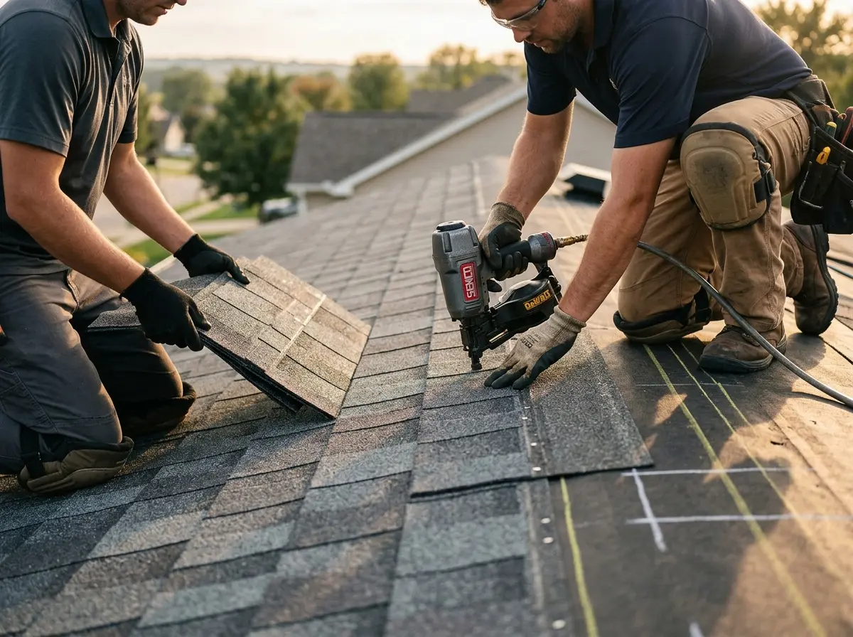 Professional roofer working on a residential roof in Morton